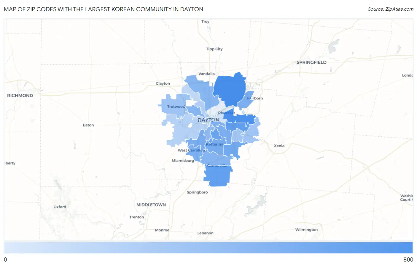Zip Codes with the Largest Korean Community in Dayton Map