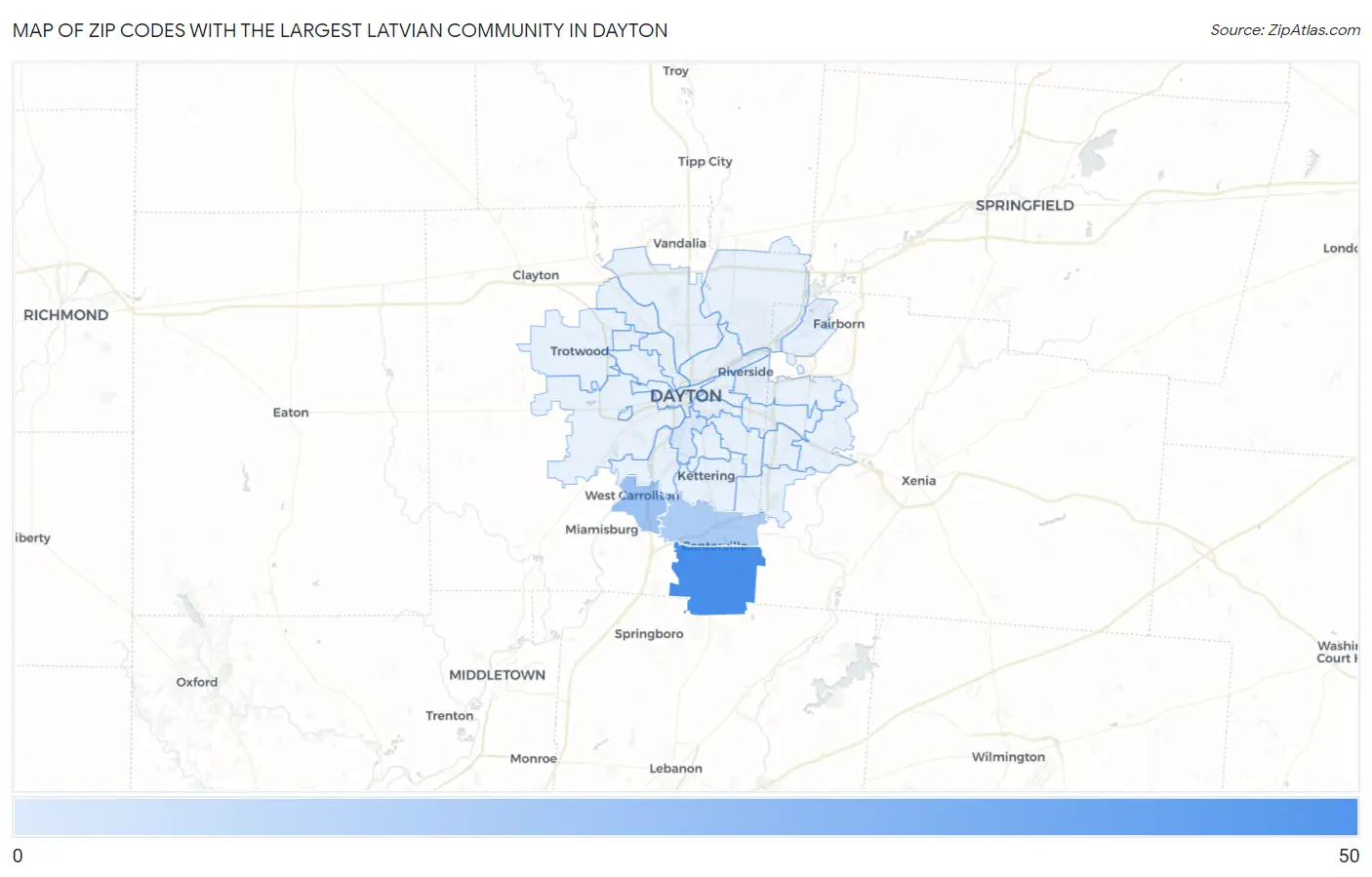 Zip Codes with the Largest Latvian Community in Dayton Map