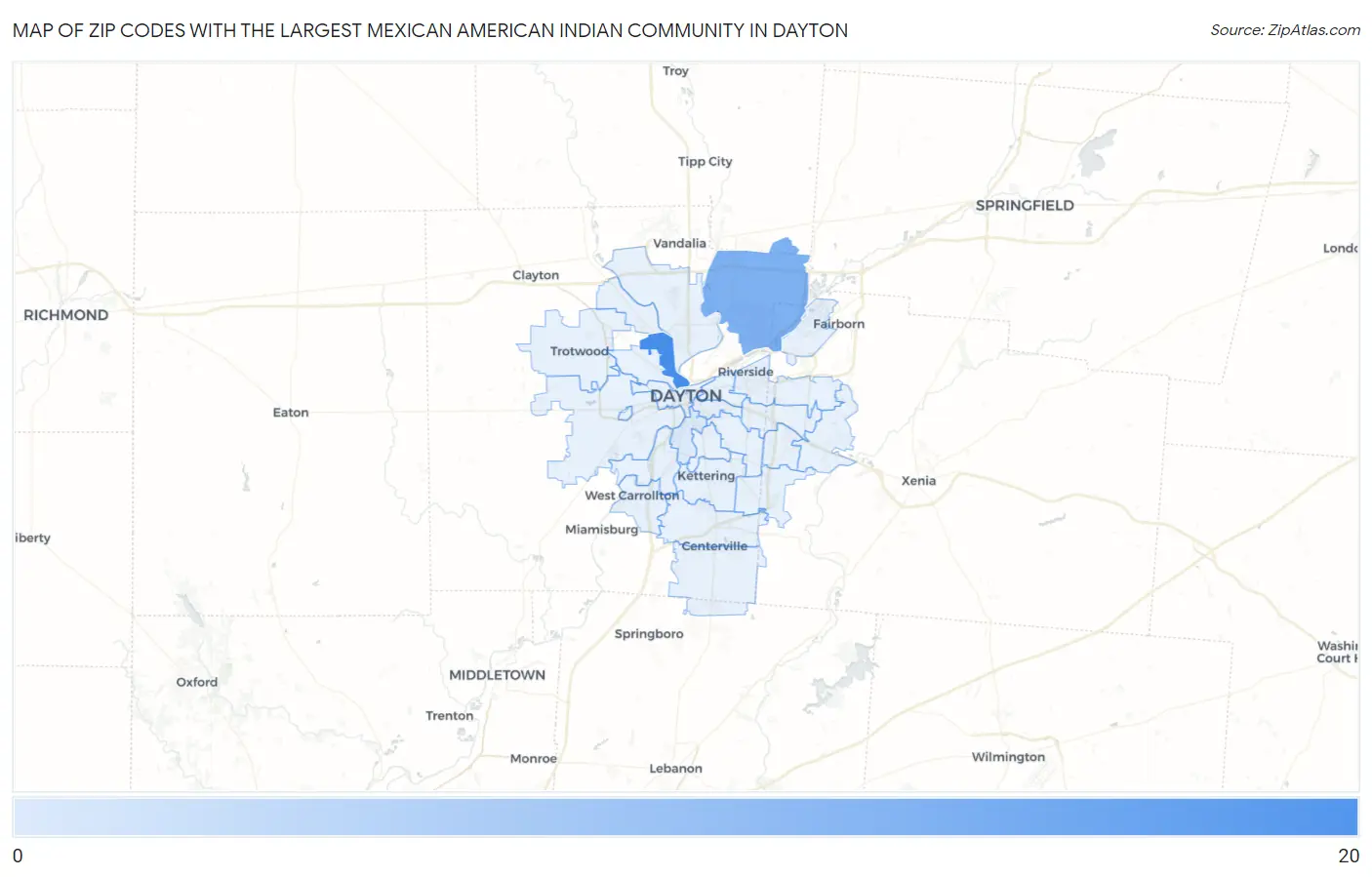 Zip Codes with the Largest Mexican American Indian Community in Dayton Map