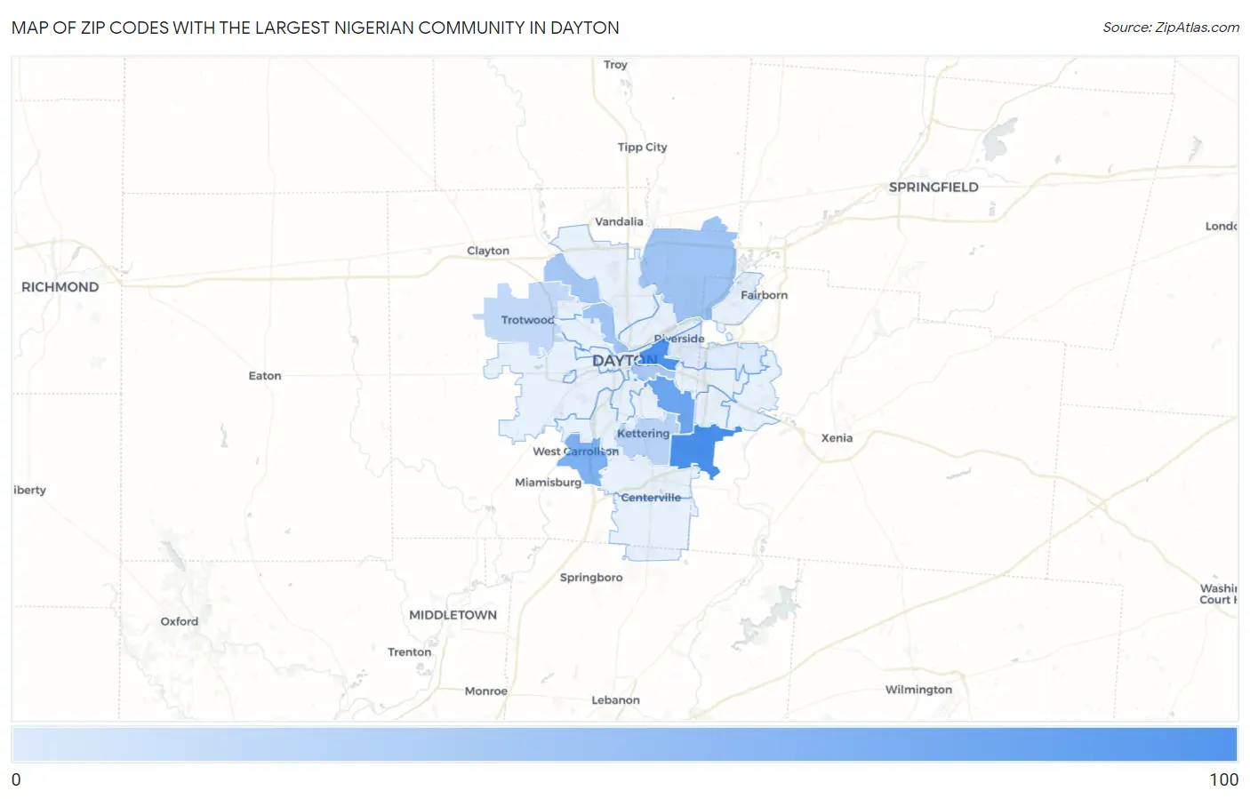 Zip Codes with the Largest Nigerian Community in Dayton Map