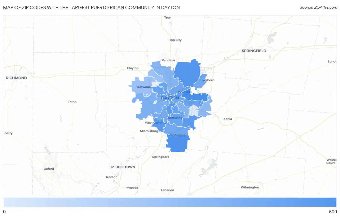 Zip Codes with the Largest Puerto Rican Community in Dayton Map