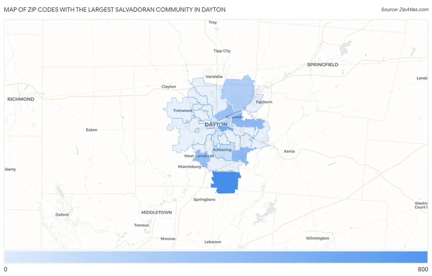 Zip Codes with the Largest Salvadoran Community in Dayton Map