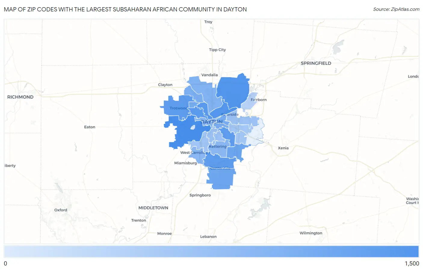 Zip Codes with the Largest Subsaharan African Community in Dayton Map