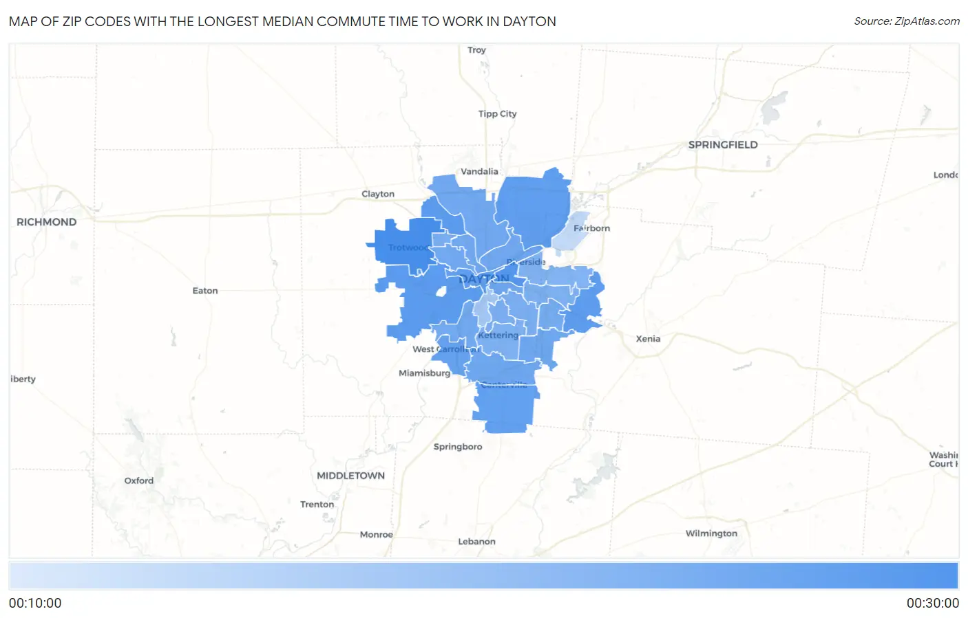 Zip Codes with the Longest Median Commute Time to Work in Dayton Map