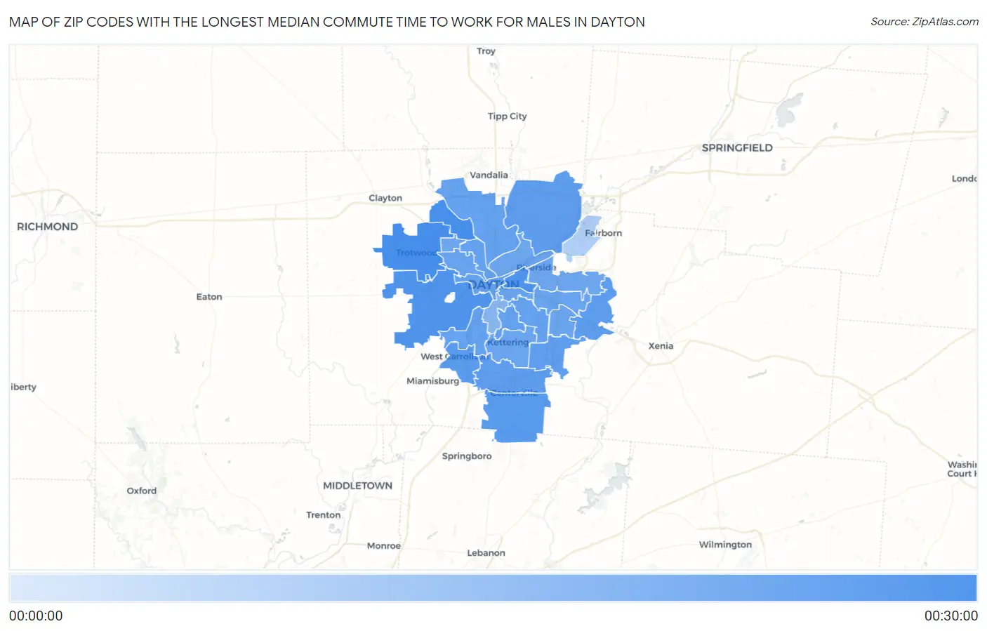 Zip Codes with the Longest Median Commute Time to Work for Males in Dayton Map