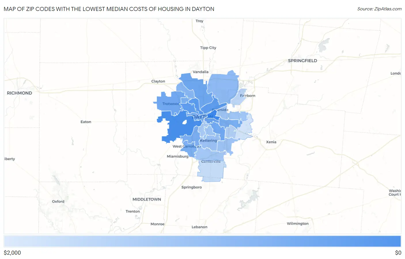 Zip Codes with the Lowest Median Costs of Housing in Dayton Map