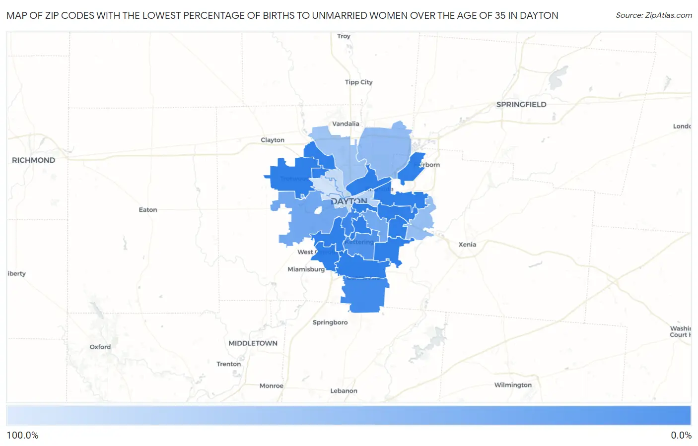 Zip Codes with the Lowest Percentage of Births to Unmarried Women over the Age of 35 in Dayton Map