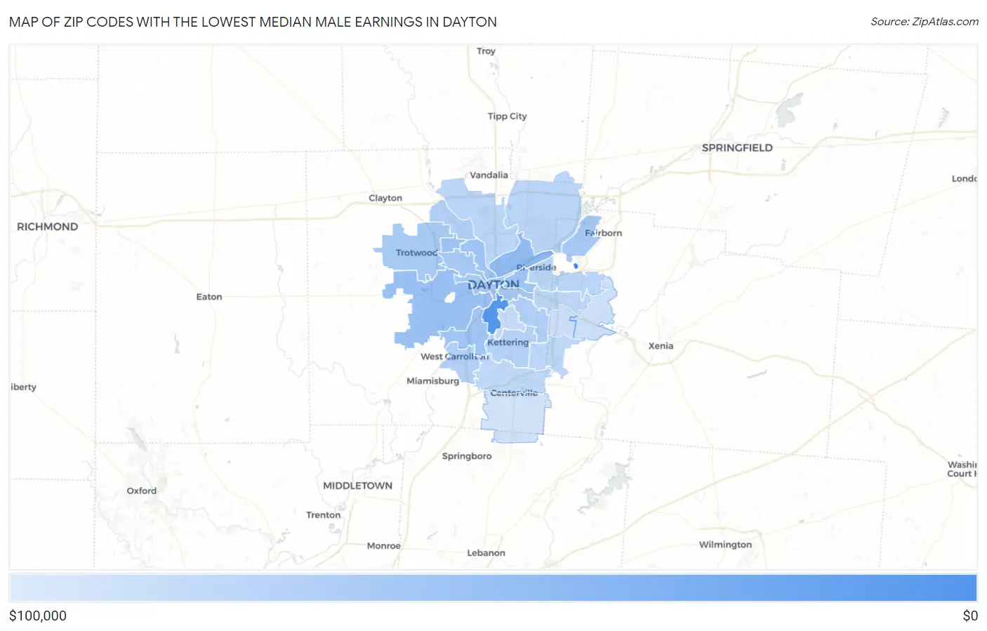 Zip Codes with the Lowest Median Male Earnings in Dayton Map