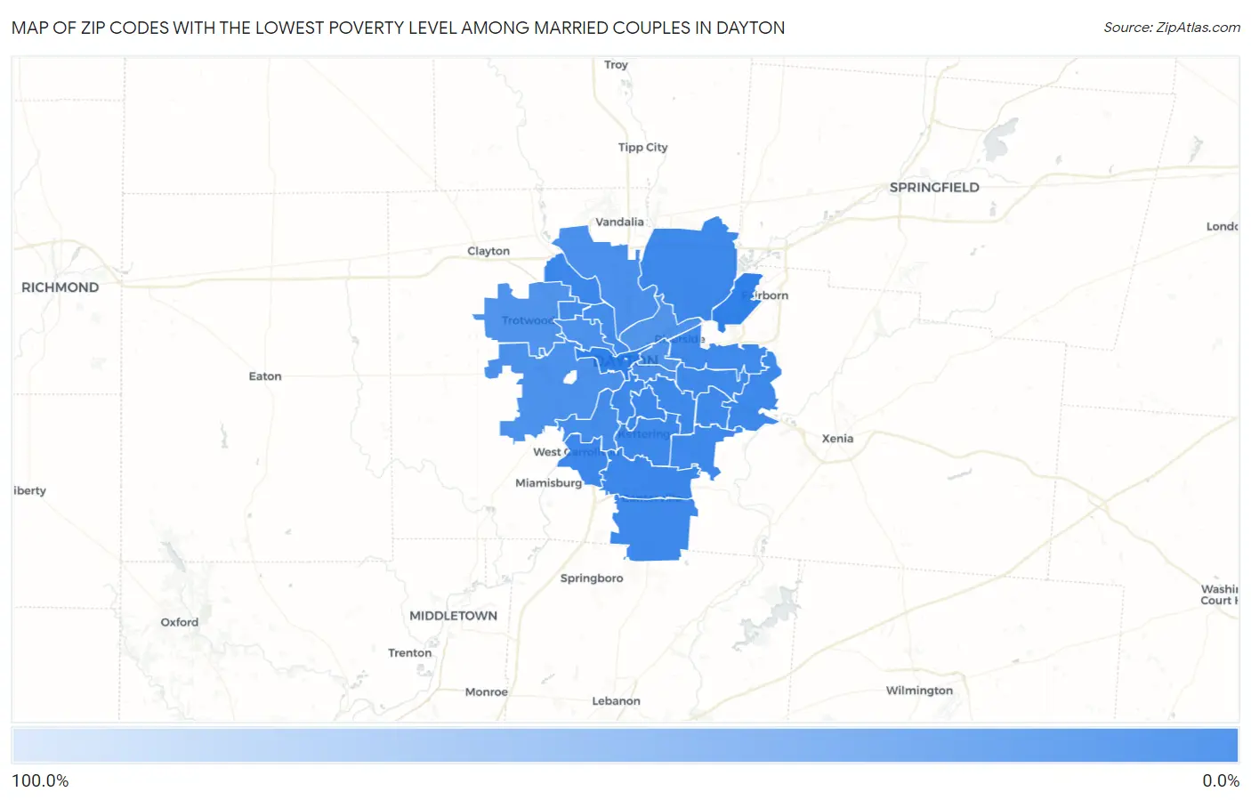 Zip Codes with the Lowest Poverty Level Among Married Couples in Dayton Map