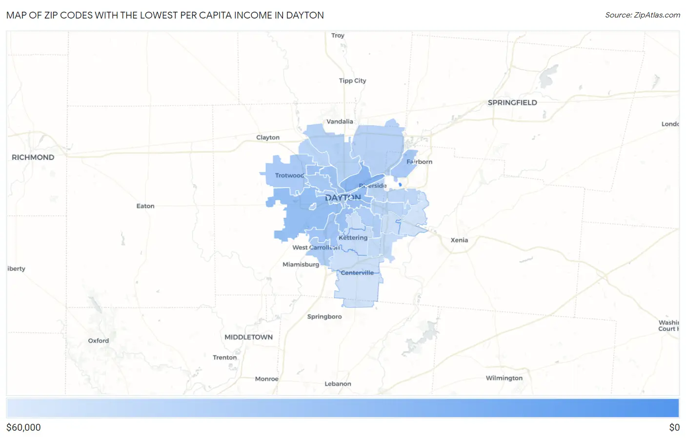 Zip Codes with the Lowest Per Capita Income in Dayton Map