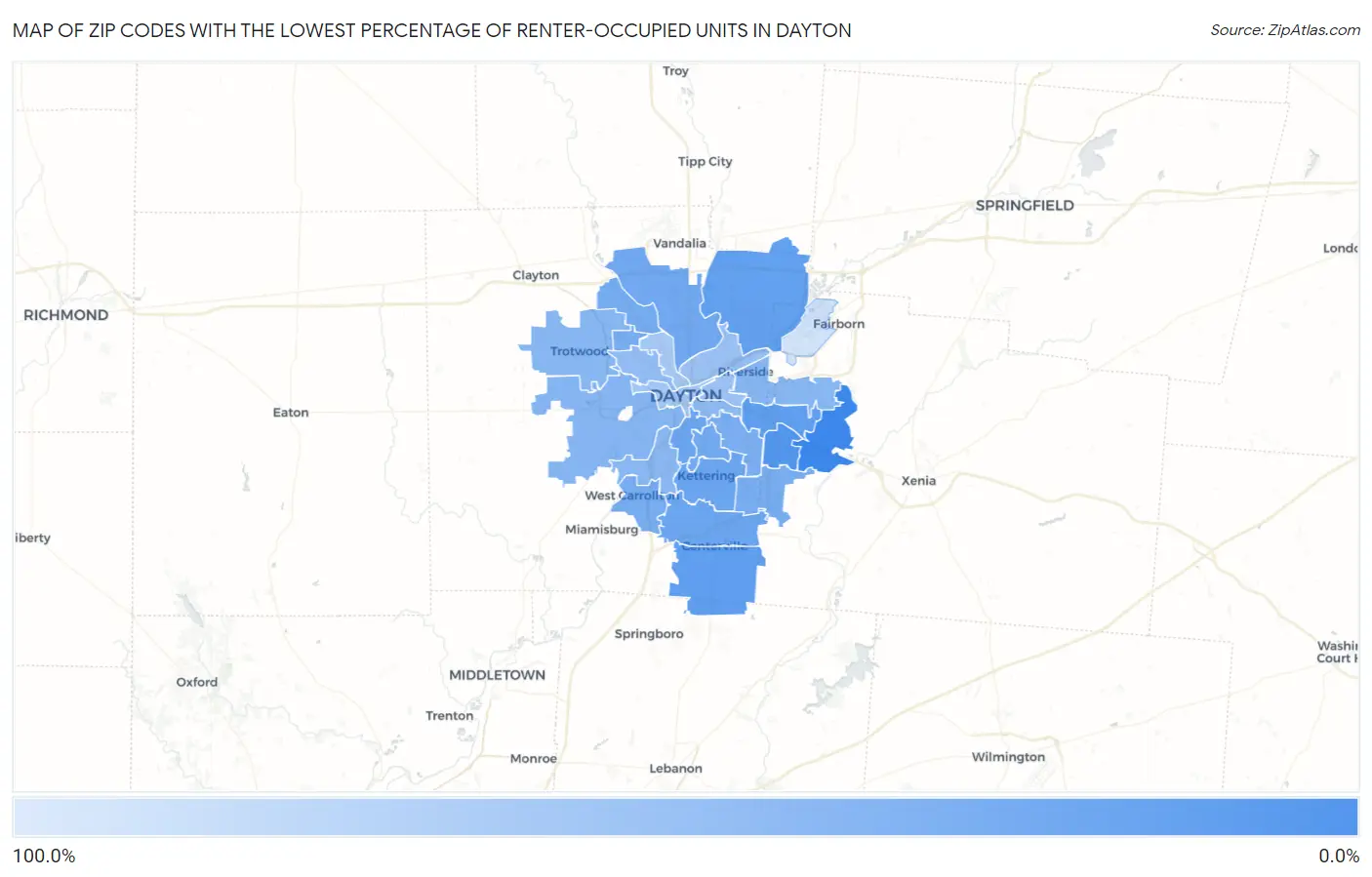 Zip Codes with the Lowest Percentage of Renter-Occupied Units in Dayton Map