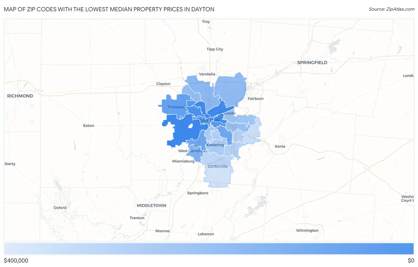 Zip Codes with the Lowest Median Property Prices in Dayton Map