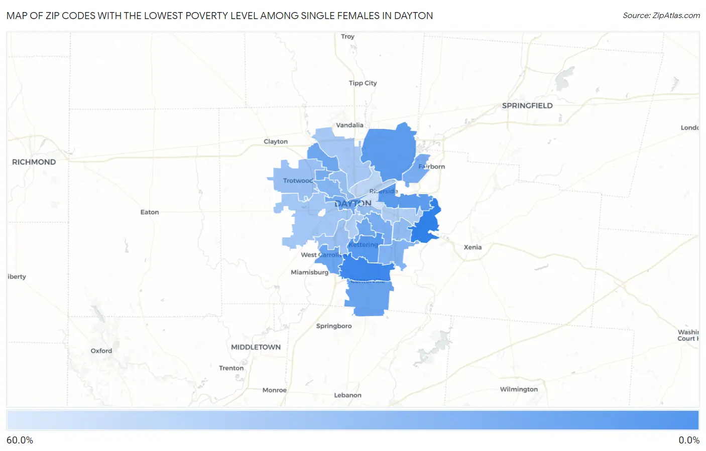 Zip Codes with the Lowest Poverty Level Among Single Females in Dayton Map
