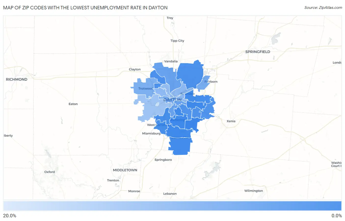 Zip Codes with the Lowest Unemployment Rate in Dayton Map