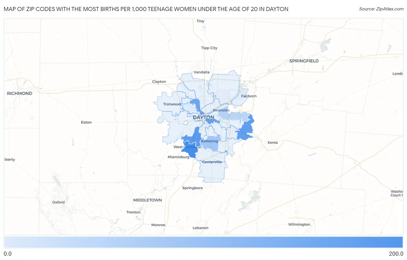 Zip Codes with the Most Births per 1,000 Teenage Women Under the Age of 20 in Dayton Map