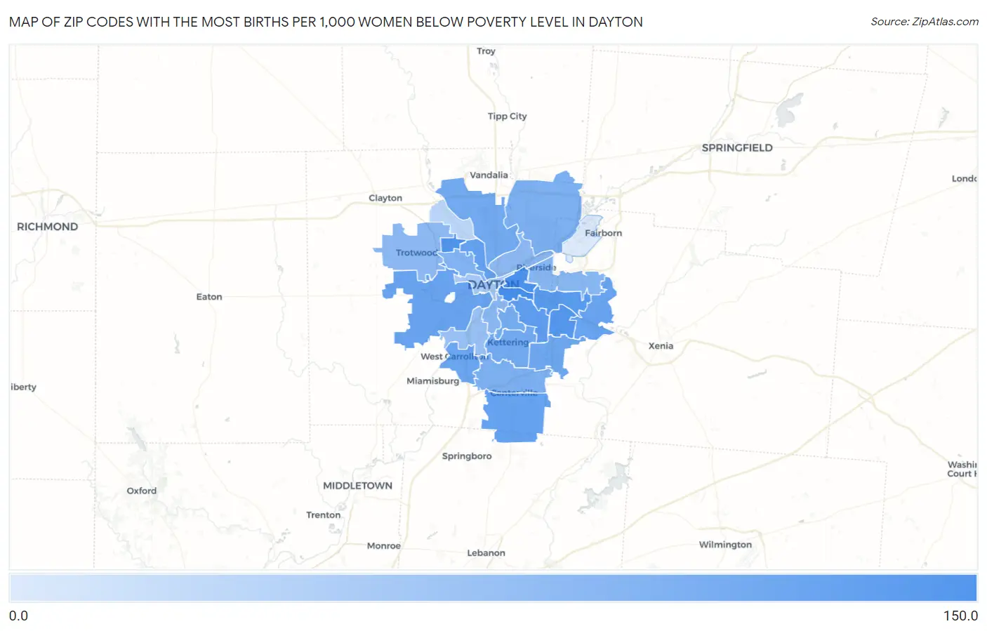 Zip Codes with the Most Births per 1,000 Women Below Poverty Level in Dayton Map