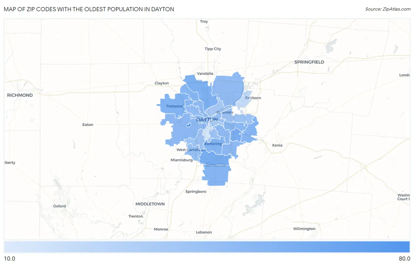 Zip Codes with the Oldest Population in Dayton Map