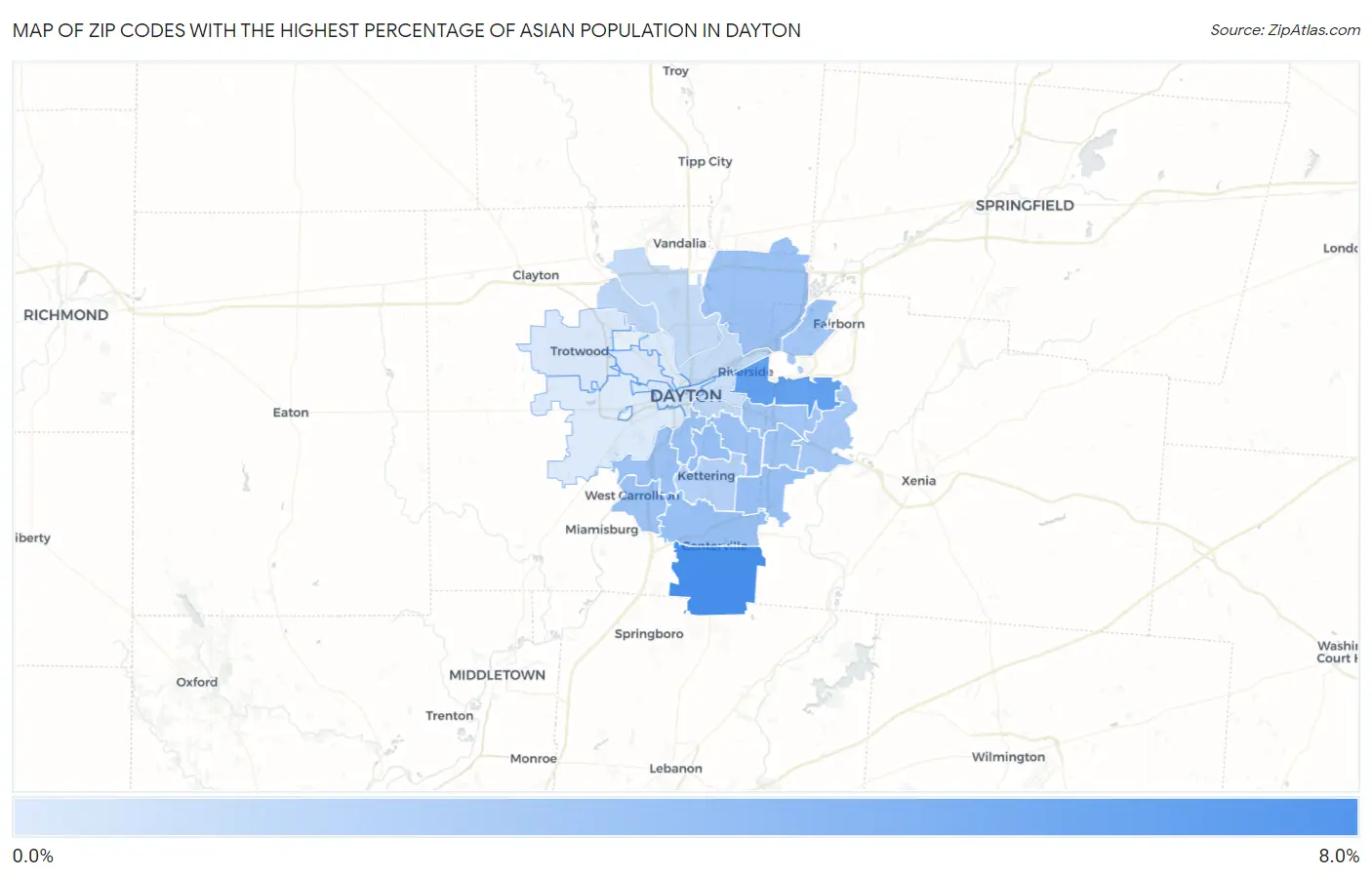 Zip Codes with the Highest Percentage of Asian Population in Dayton Map