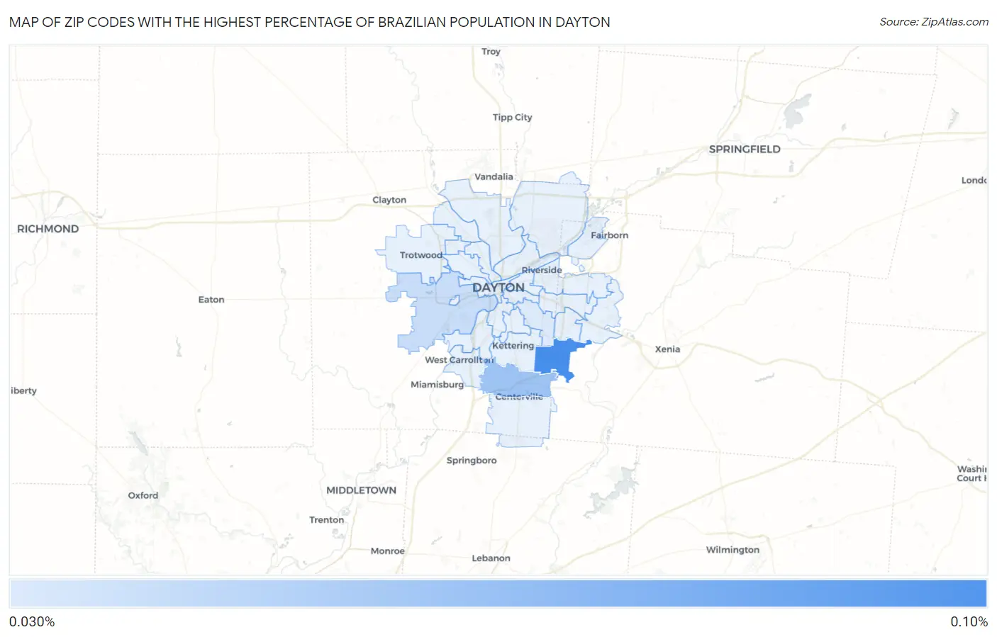 Zip Codes with the Highest Percentage of Brazilian Population in Dayton Map