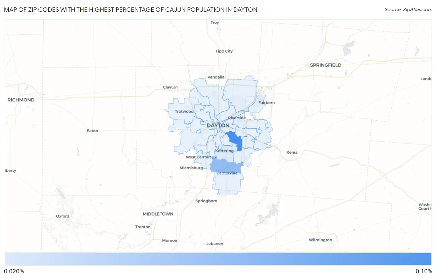 Zip Codes with the Highest Percentage of Cajun Population in Dayton Map