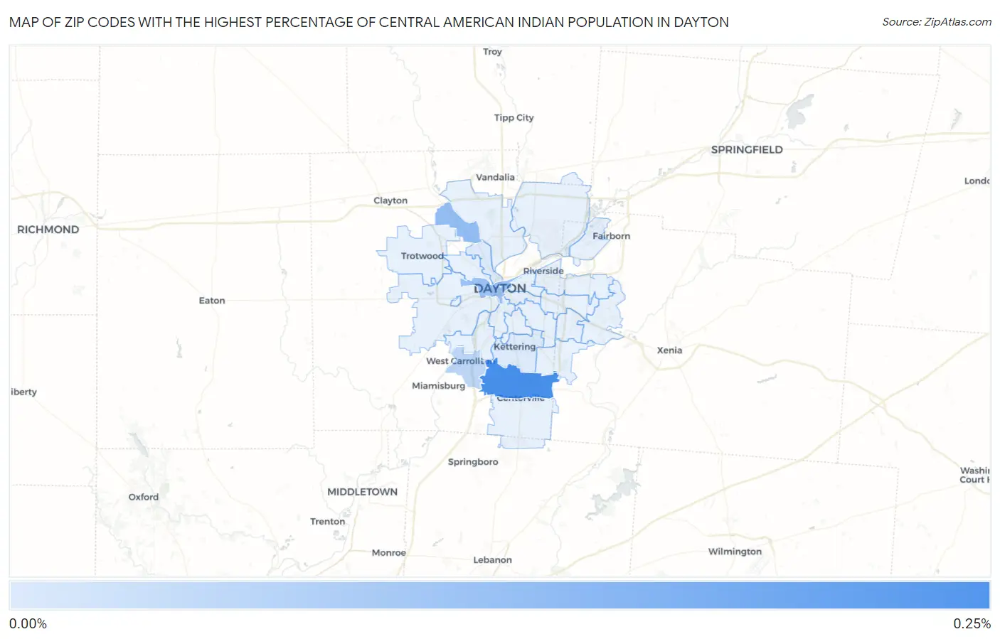 Zip Codes with the Highest Percentage of Central American Indian Population in Dayton Map