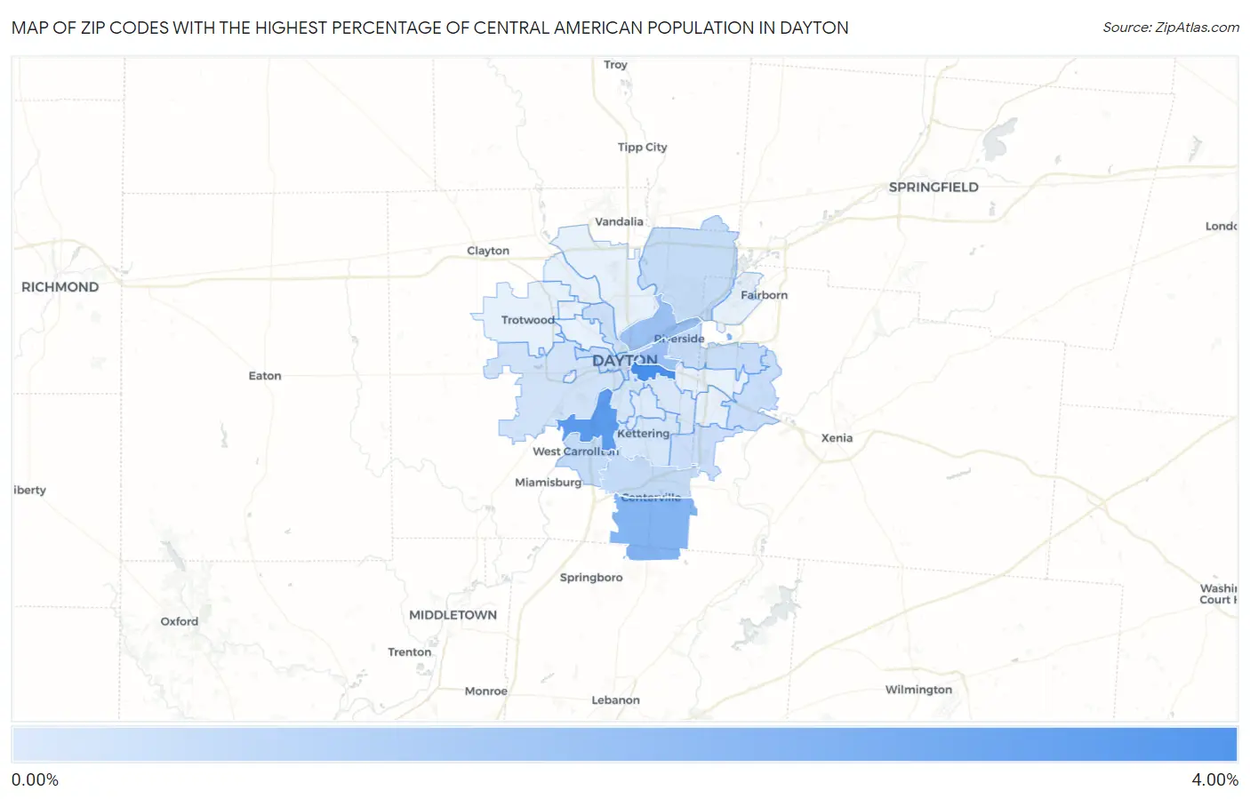 Zip Codes with the Highest Percentage of Central American Population in Dayton Map