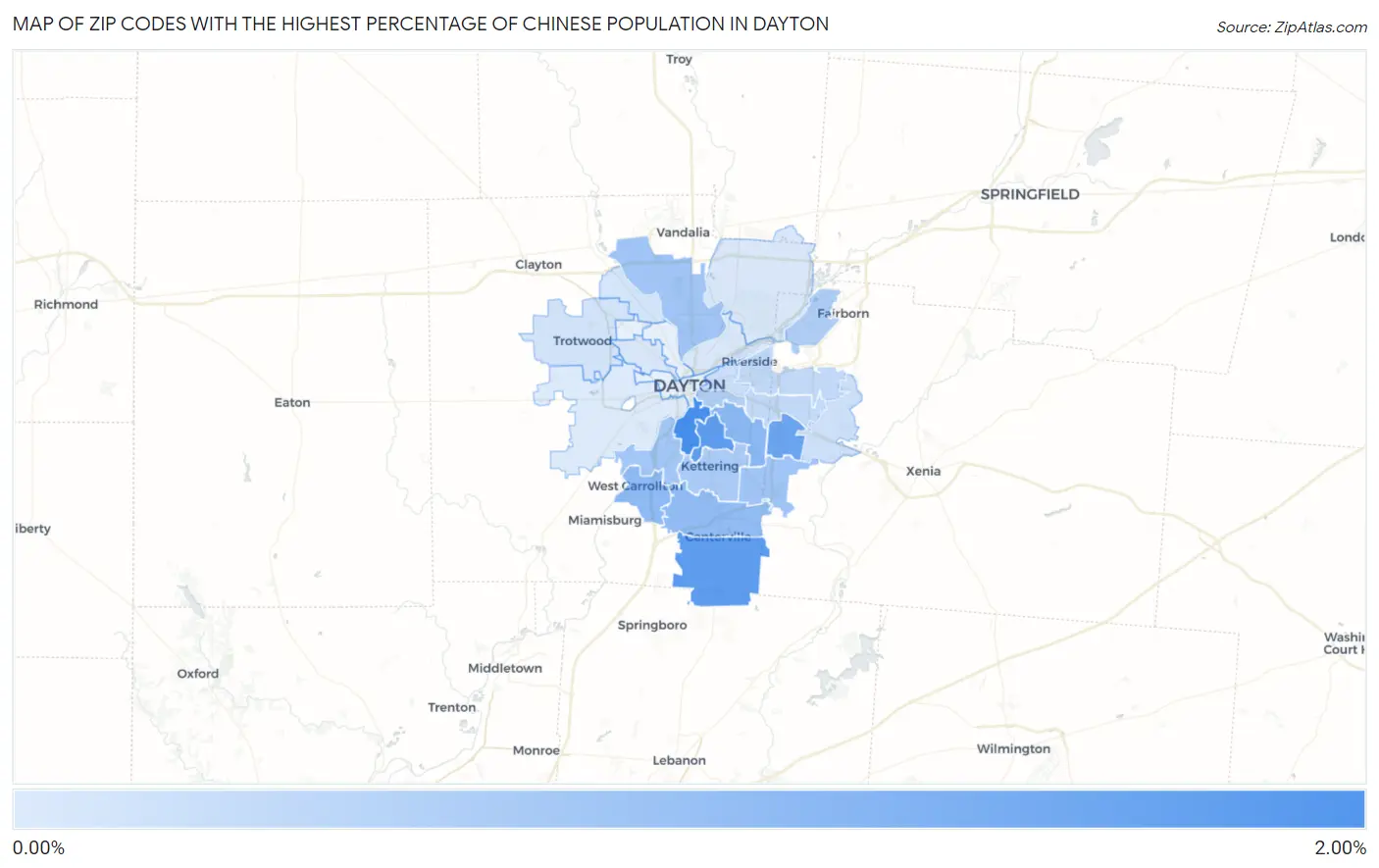 Zip Codes with the Highest Percentage of Chinese Population in Dayton Map