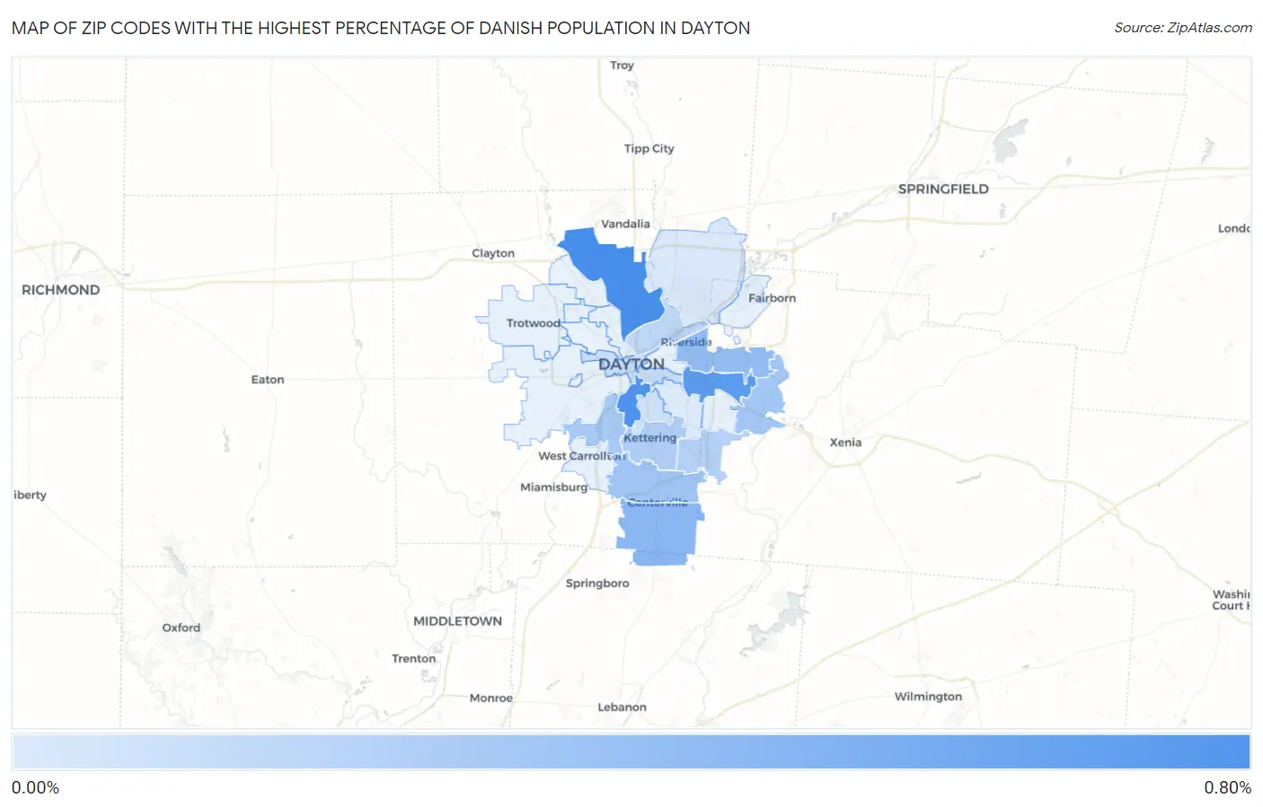 Zip Codes with the Highest Percentage of Danish Population in Dayton Map