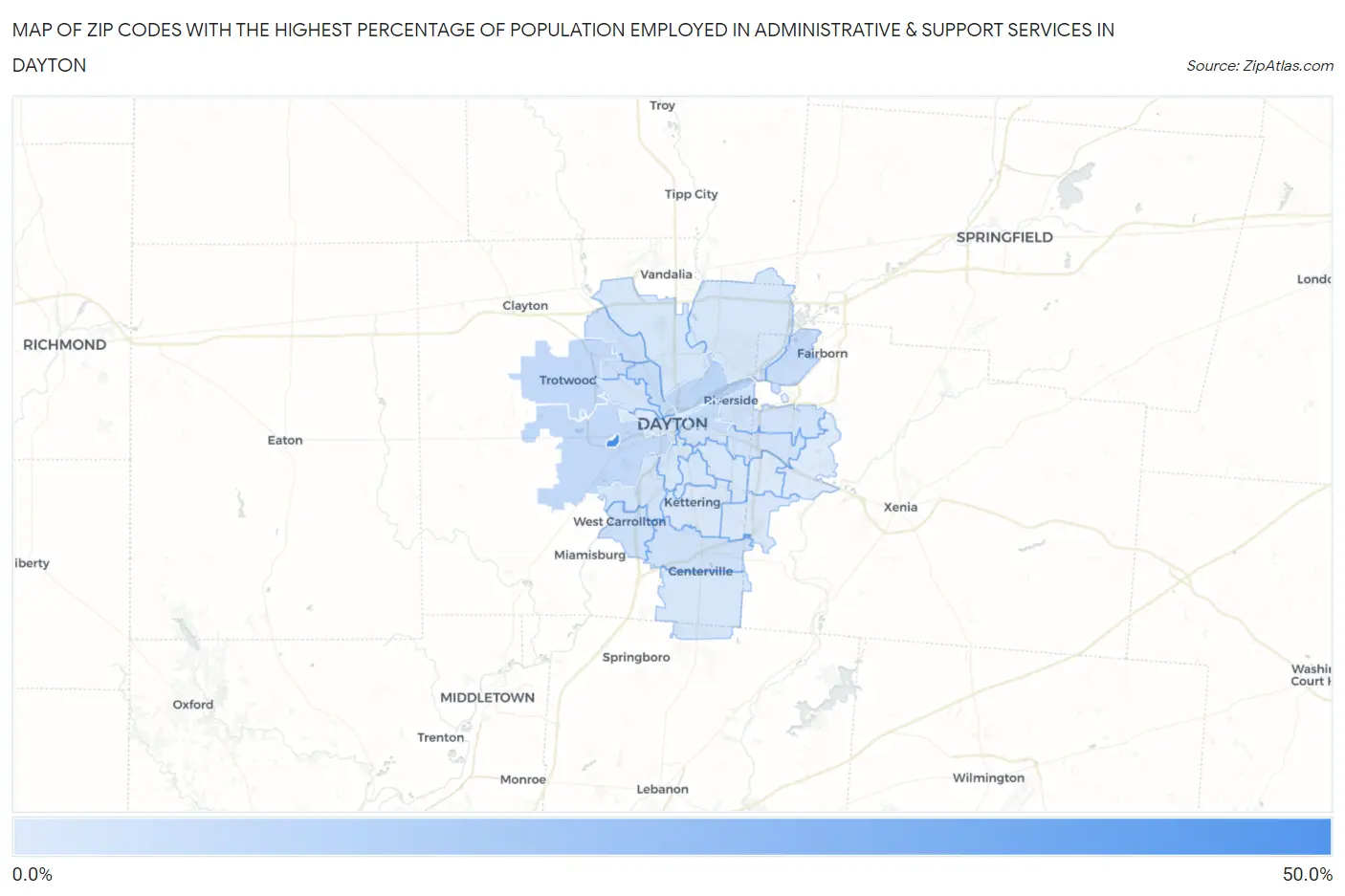 Zip Codes with the Highest Percentage of Population Employed in Administrative & Support Services in Dayton Map