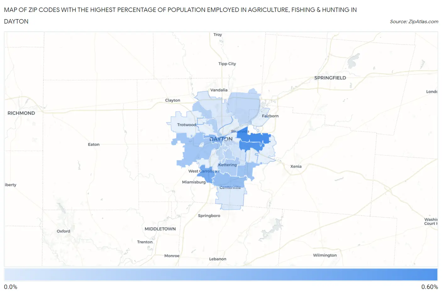Zip Codes with the Highest Percentage of Population Employed in Agriculture, Fishing & Hunting in Dayton Map