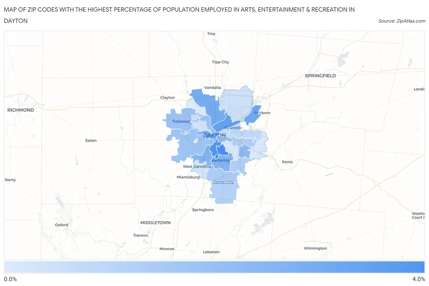 Zip Codes with the Highest Percentage of Population Employed in Arts, Entertainment & Recreation in Dayton Map