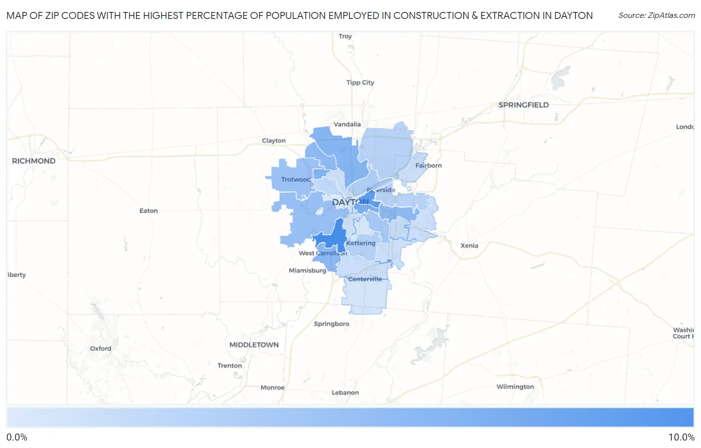 Zip Codes with the Highest Percentage of Population Employed in Construction & Extraction in Dayton Map
