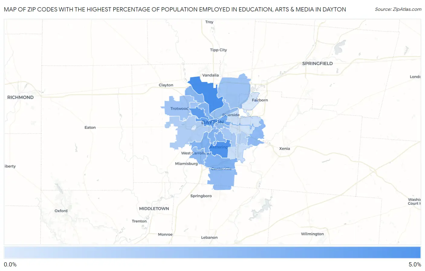 Zip Codes with the Highest Percentage of Population Employed in Education, Arts & Media in Dayton Map