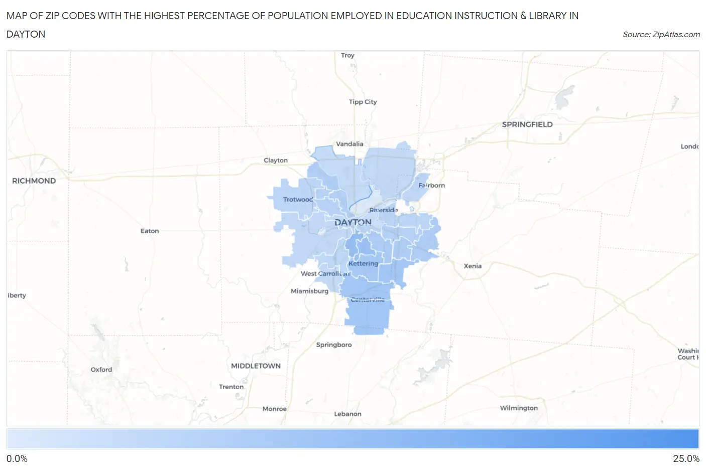 Zip Codes with the Highest Percentage of Population Employed in Education Instruction & Library in Dayton Map