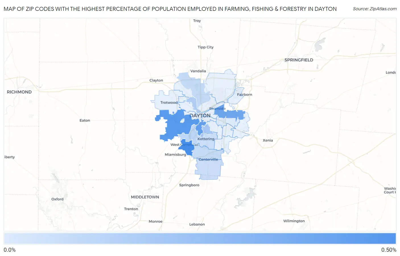 Zip Codes with the Highest Percentage of Population Employed in Farming, Fishing & Forestry in Dayton Map