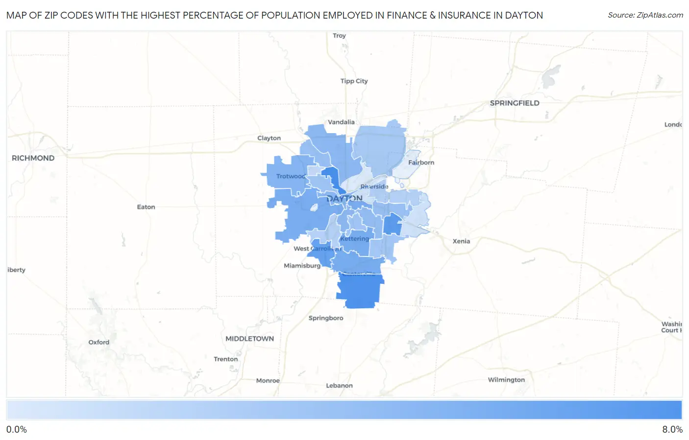 Zip Codes with the Highest Percentage of Population Employed in Finance & Insurance in Dayton Map