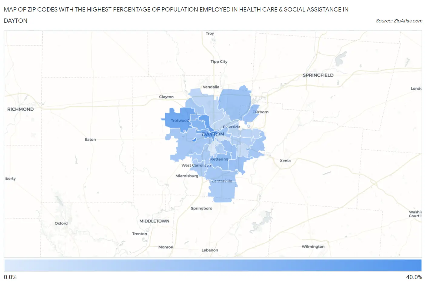 Zip Codes with the Highest Percentage of Population Employed in Health Care & Social Assistance in Dayton Map
