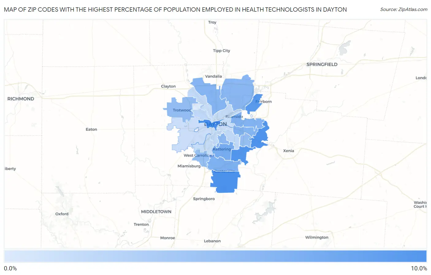 Zip Codes with the Highest Percentage of Population Employed in Health Technologists in Dayton Map