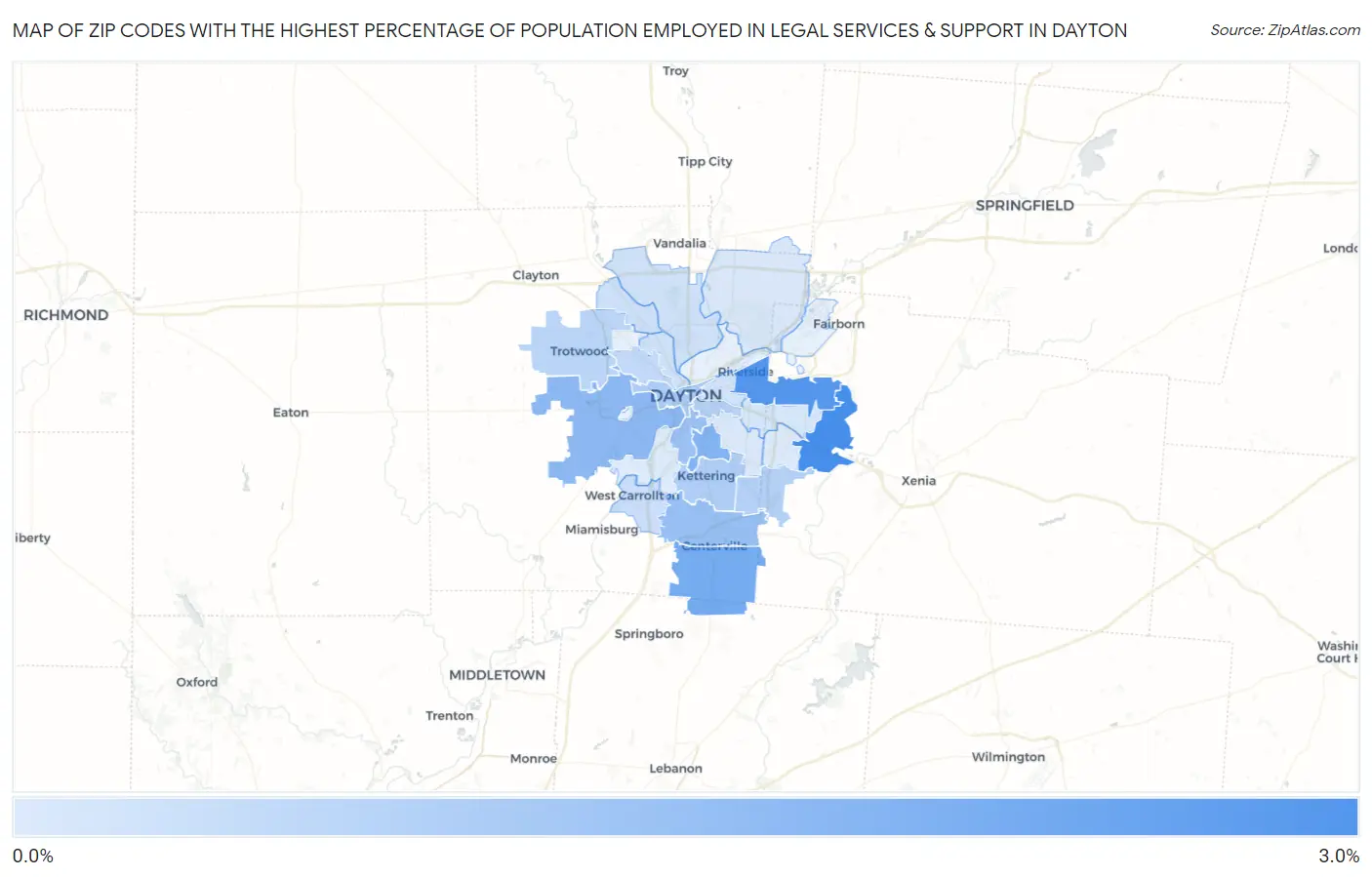 Zip Codes with the Highest Percentage of Population Employed in Legal Services & Support in Dayton Map