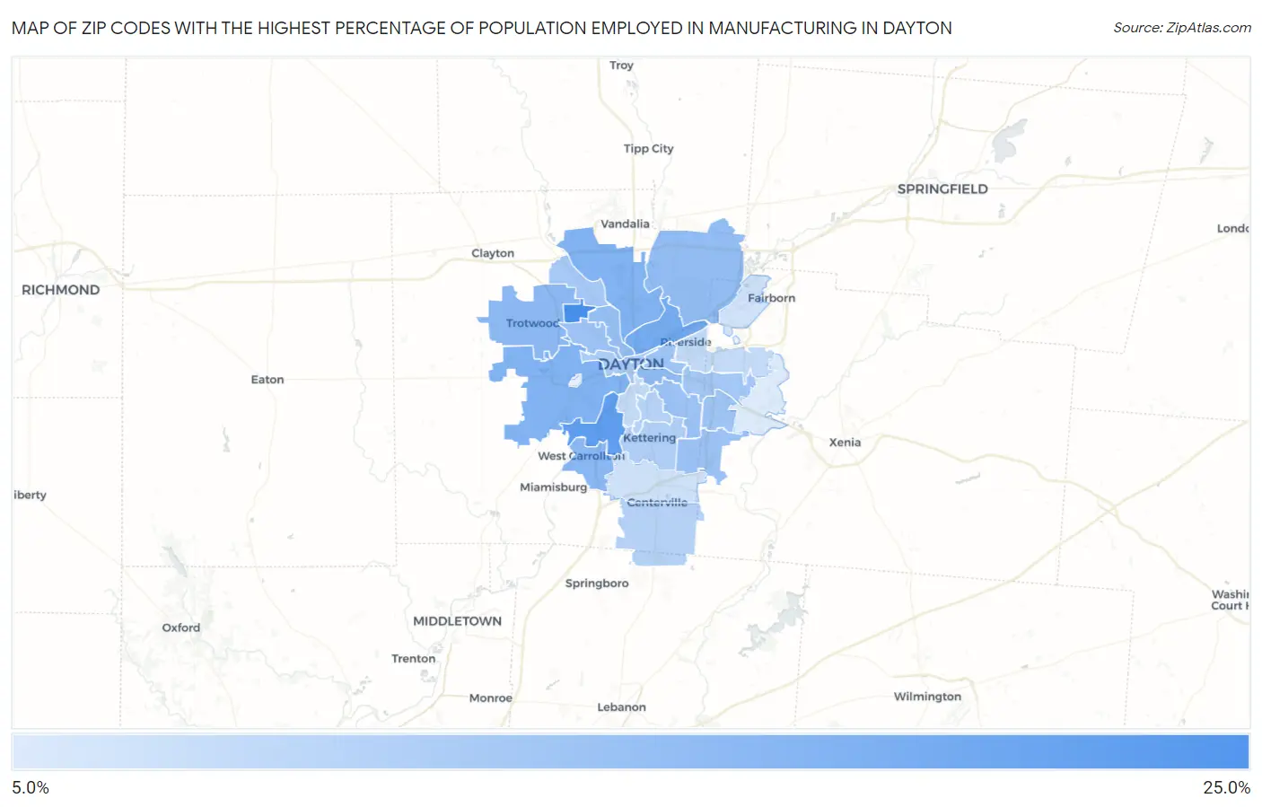 Zip Codes with the Highest Percentage of Population Employed in Manufacturing in Dayton Map