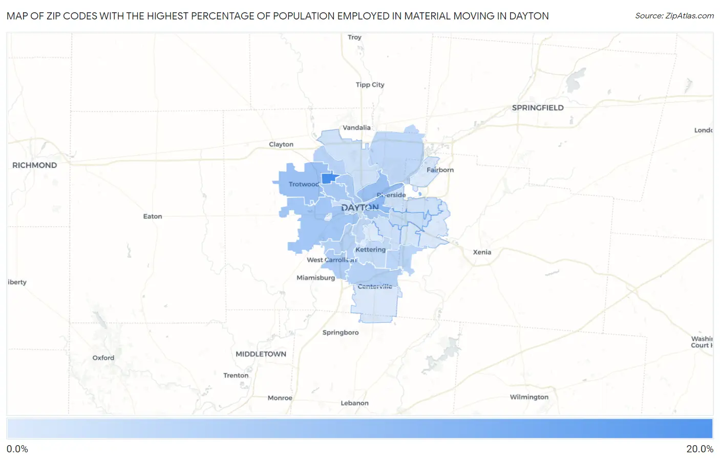 Zip Codes with the Highest Percentage of Population Employed in Material Moving in Dayton Map