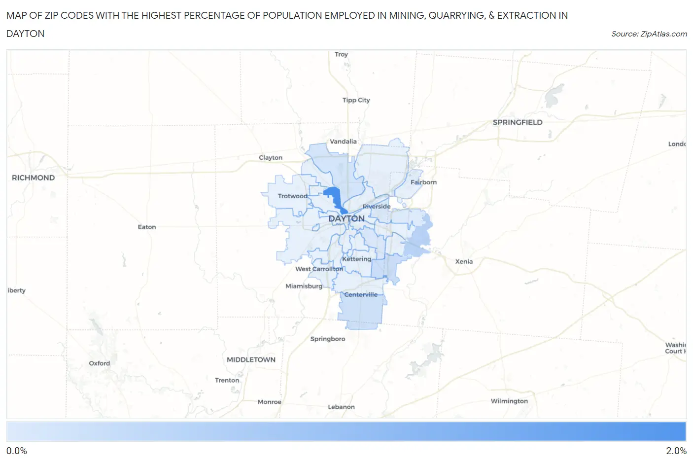 Zip Codes with the Highest Percentage of Population Employed in Mining, Quarrying, & Extraction in Dayton Map