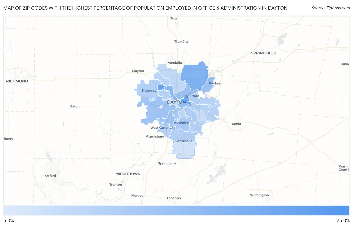 Zip Codes with the Highest Percentage of Population Employed in Office & Administration in Dayton Map
