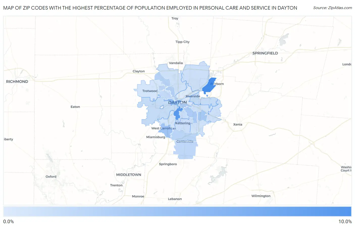 Zip Codes with the Highest Percentage of Population Employed in Personal Care and Service in Dayton Map