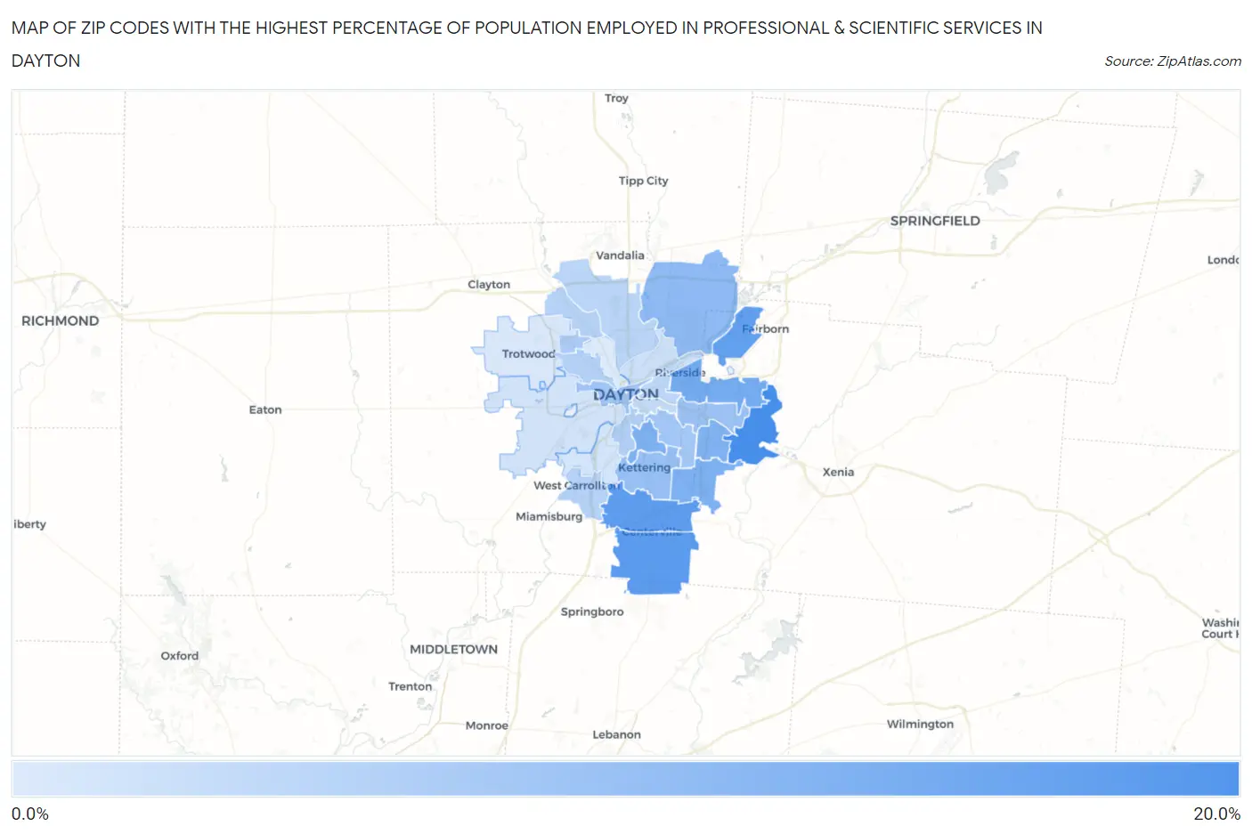 Zip Codes with the Highest Percentage of Population Employed in Professional & Scientific Services in Dayton Map