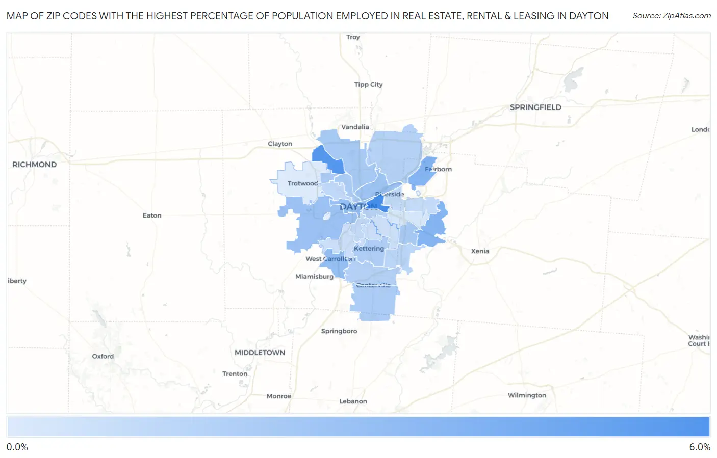 Zip Codes with the Highest Percentage of Population Employed in Real Estate, Rental & Leasing in Dayton Map