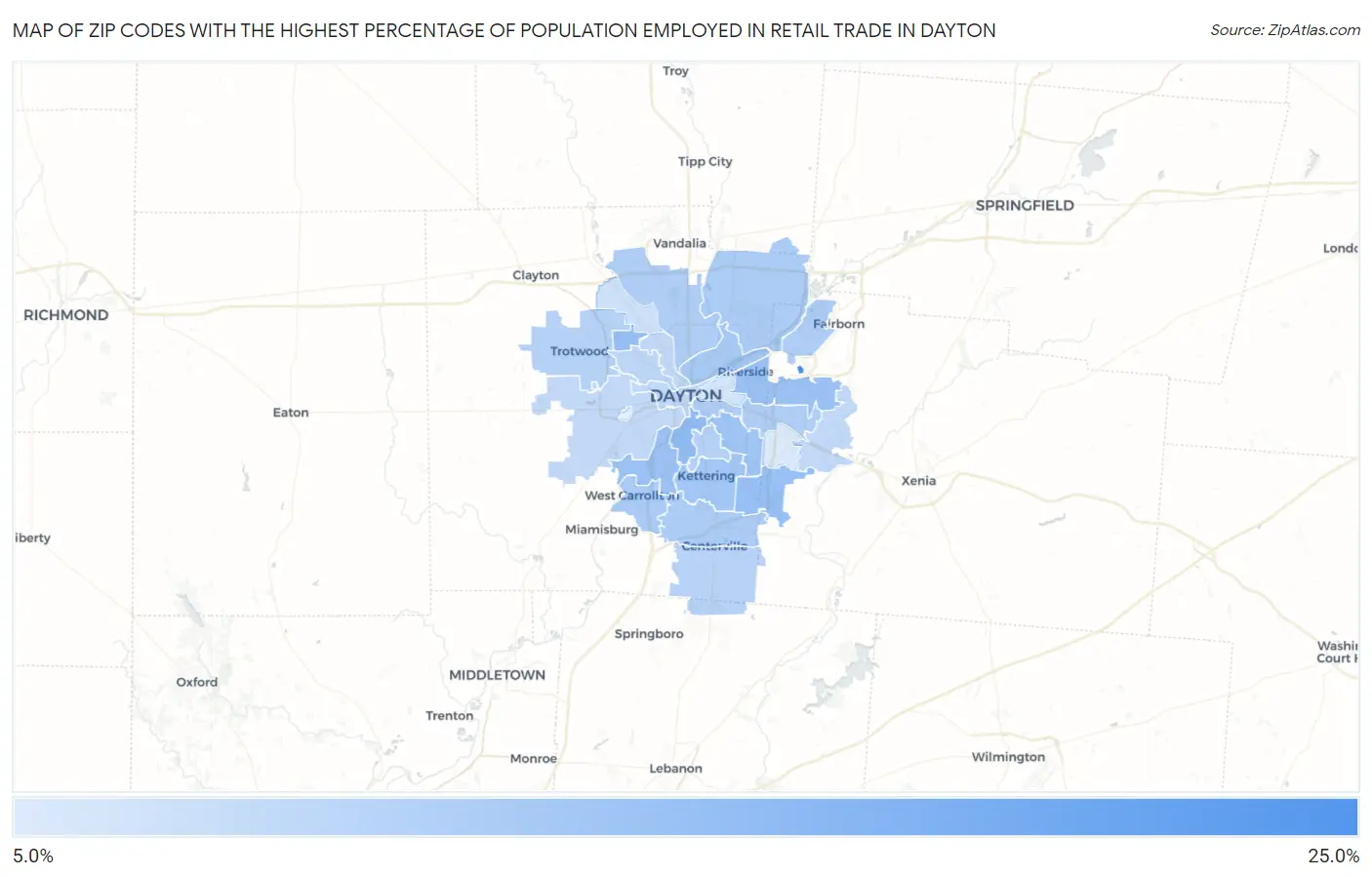 Zip Codes with the Highest Percentage of Population Employed in Retail Trade in Dayton Map
