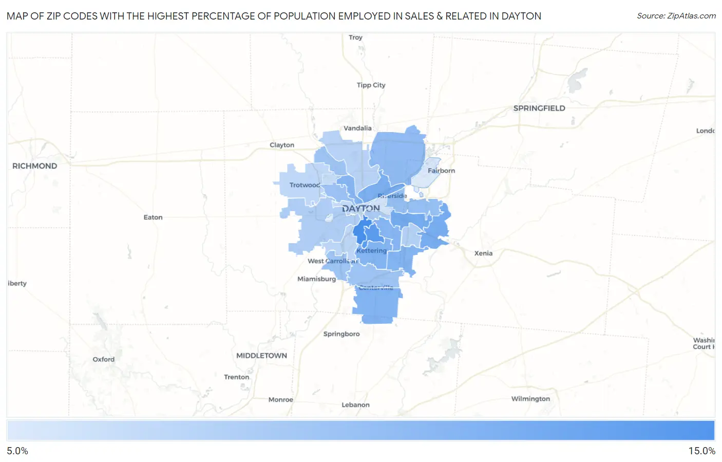 Zip Codes with the Highest Percentage of Population Employed in Sales & Related in Dayton Map