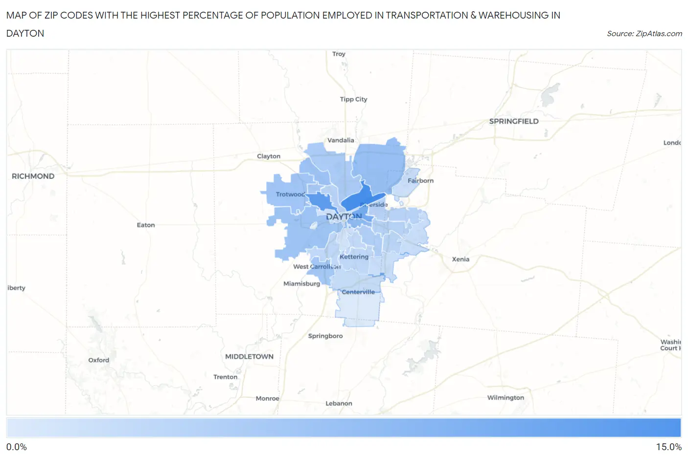 Zip Codes with the Highest Percentage of Population Employed in Transportation & Warehousing in Dayton Map