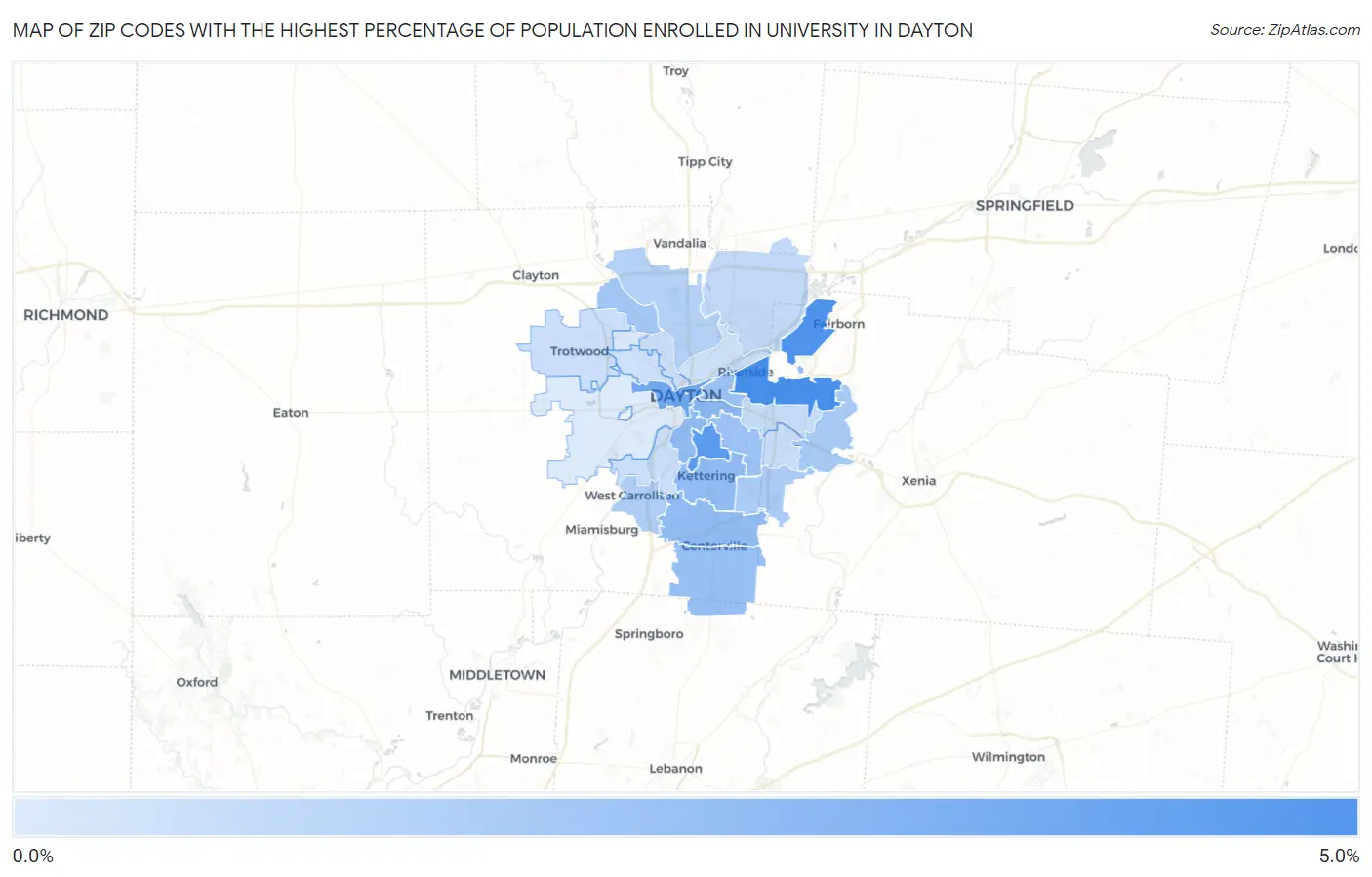 Zip Codes with the Highest Percentage of Population Enrolled in University in Dayton Map